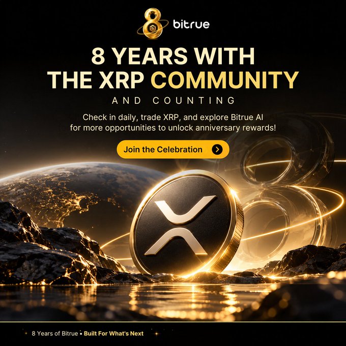 A Bitrue promotional graphic celebrating "8 YEARS WITH THE XRP COMMUNITY AND COUNTING" features a golden XRP coin set against a cosmic backdrop of Earth and glowing rings, with a "Join the Celebration" button highlighting anniversary rewards for daily check-ins, XRP trading, and Bitrue AI exploration.