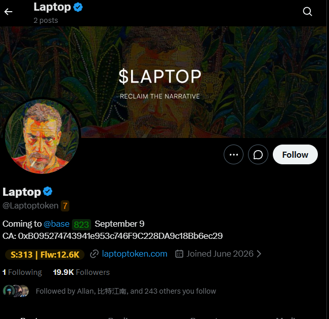 A Twitter/X profile for '$LAPTOP' (@Laptoptoken) with the tagline 'RECLAIM THE NARRATIVE', showing 19.9K followers and a contract address 0xB095274743941e953c746F9C228DA9c18Bb6ec29, launching on @base September 9.