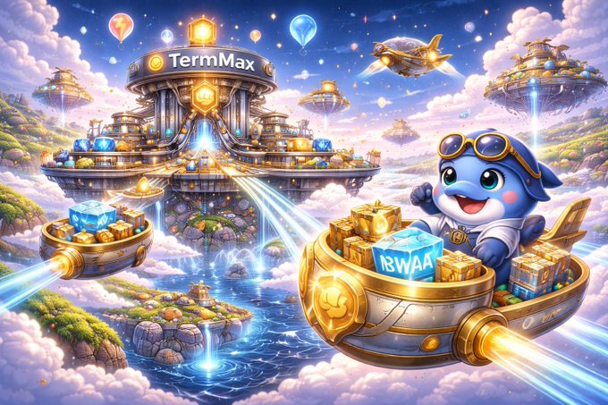 The image features a cartoon character wearing goggles and a helmet riding a boat with a large gold box attached to it, surrounded by floating islands and other boats. The background of the image shows a sky filled with stars and planets, creating an immersive and fantastical atmosphere. In the corner of the image, there is text that reads "TermMax has launched the second round of its bug bounty event for me, as long as the speed is fast enough, the funds are secure, and the interest rate is attractive, nothing else matters".