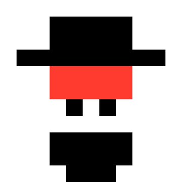A simple pixel art figure composed of black blocks resembling a hat and shoes, with a red rectangular torso in the middle, on a white background.