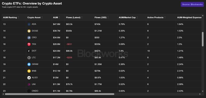 A crypto ETF data table from Blockworks titled 'Crypto ETFs: Overview by Crypto Asset' ranking assets including ADA ($47.6M AUM), DOGE, CRO, TREX, DOT, LTC, GRAM, BNB, ALGO, UNI, and ONDO with flow metrics.