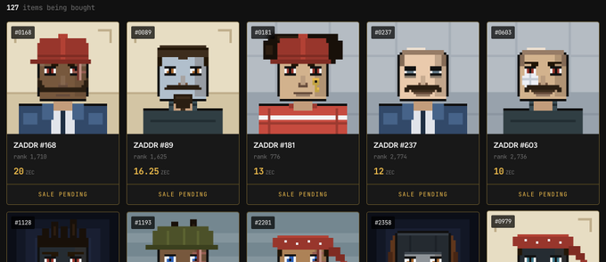 A digital marketplace displays 127 pixel-art character avatars called "ZADRs" (#168, #69, #181, #237, #603) for sale in ZEC, with most marked "SALE PENDING," illustrating a bulk buying spree as someone rapidly acquires multiple low-ranked items.