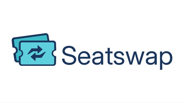 The image features a white background with two blue tickets stacked on top of each other, positioned at the bottom center of the frame. The text "Seatswap" is written above the tickets, indicating that this is an advertisement for a ticket resale service.