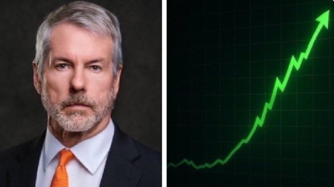 A side-by-side image showing a professional headshot of Michael Saylor in a dark suit and orange tie on the left, paired with a green upward-trending stock/crypto chart arrow on the right, visually reinforcing the post's message about Strategy's anticipated Bitcoin accumulation.
