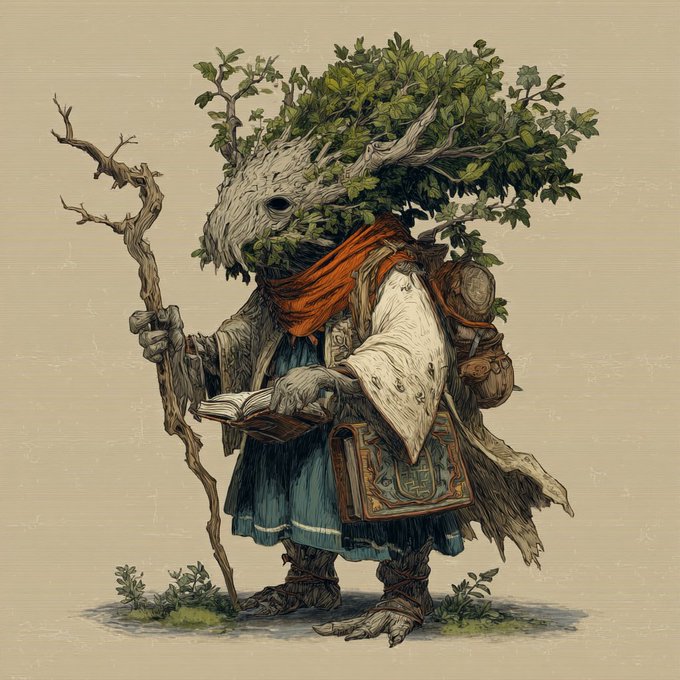 An illustration of a fantasy tree-creature with a bark-like face, leafy crown, and wooden staff, wearing robes and carrying a book and satchel.