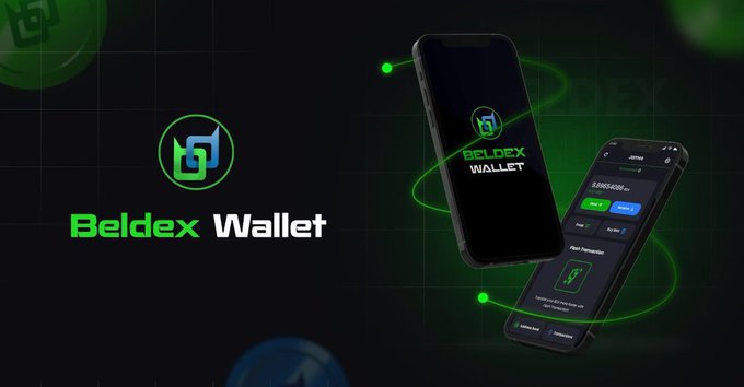 An advertisement for 'Beldex Wallet' showing two smartphones displaying the wallet interface against a dark background with green accents.