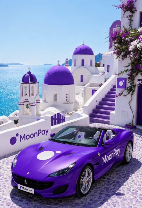 An AI-generated image depicting a purple Ferrari convertible branded with 'MoonPay' parked in a Greek island setting reminiscent of Santorini, featuring white buildings with purple domes and stairs overlooking the sea.