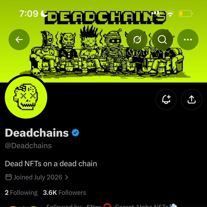 A screenshot of the @Deadchains Twitter/X profile, featuring a pixel-art banner of zombie-like NFT characters sitting on a couch against a neon green background. The profile bio reads "Dead NFTs on a dead chain," aligning with the accompanying post announcing the project's "dead everything" meme theme, 4,200 supply, and Robinhood chain listing.