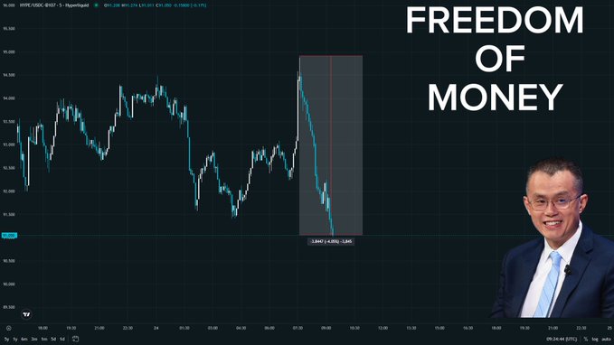 A trader wearing a suit stands next to a TradingView chart of HYPE/USDT on Hyperliquid showing a -3.84% (-0.028) drop with the text "FREEDOM OF MONEY," visually reinforcing his post about HYPE being "free" from Binance's "asset killer" insider strategy, which caused a 4% decline after listing.