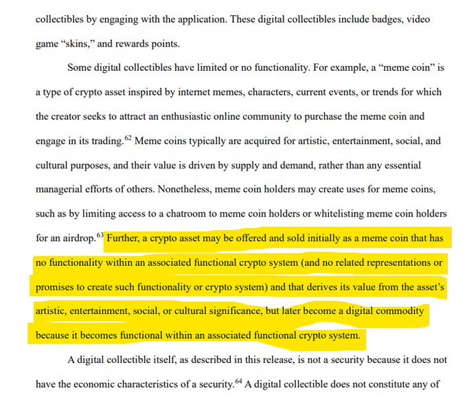 **Caption:** Highlighted excerpt from an SEC release explaining that crypto assets—including meme coins—can begin without functionality and later become functional digital commodities.

**Relation to the post:** The $WALLET trader's argument that the token's thesis "died in July" relies on Robinhood's denial of issuing any token, but this SEC language undermines that logic—crypto assets routinely start as non-functional (like meme coins with "no functionality within an associated functional crypto system") and can later evolve into functional digital commodities, suggesting $WALLET's non-utility origins don't preclude future classification as a tradable asset.