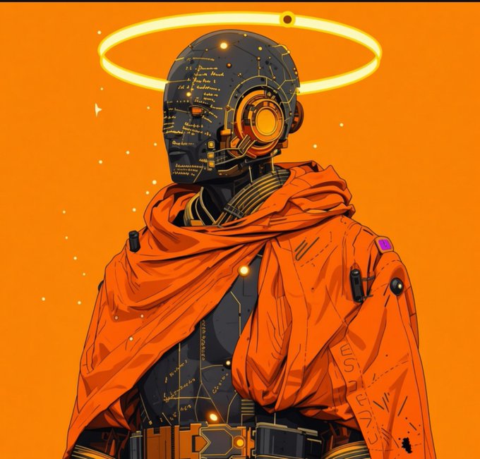 A digital illustration of a cybernetic humanoid figure with a black mechanical head featuring glowing yellow eyes, wearing an orange robe with a glowing yellow halo against an orange background.