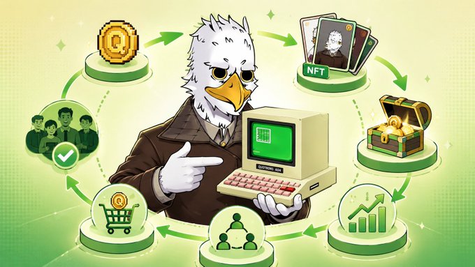 An illustration of a cartoon duck in a suit holding a vintage computer, surrounded by icons representing NFTs, cryptocurrency, community, and growth.