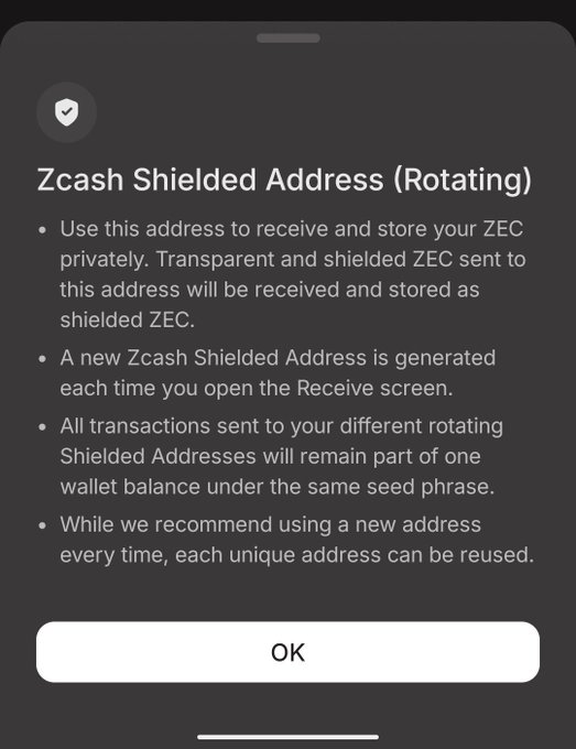 An informational popup in a mobile wallet app explaining that the Zcash Shielded Address (starting with "u1") rotates each time the Receive screen is opened, but all rotating addresses remain part of the same wallet under one seed phrase. This image relates to the post by reassuring users that even though the u1 address changes, the wallet is still tied to the same seed phrase and balance, so submitting it to a service like @zaddrnet is not a problem.