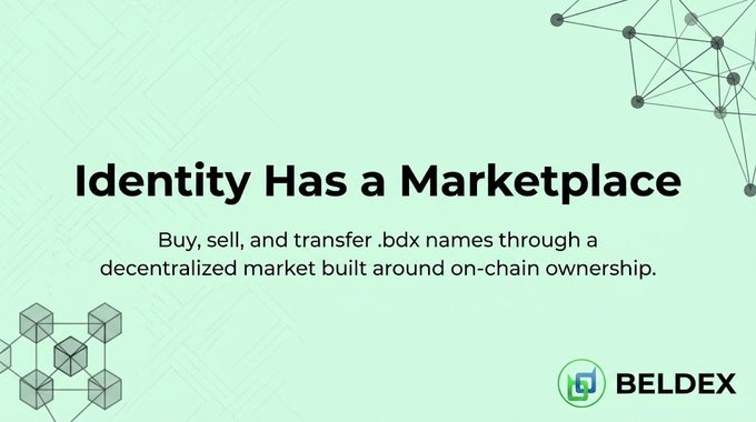 An advertisement with a green background that reads 'Identity Has a Marketplace' for Beldex, promoting the ability to buy, sell, and transfer .bdx names through a decentralized on-chain ownership marketplace.