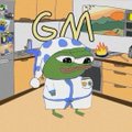 A cartoon Pepe the Frog character dressed as an astronaut with 'GM' text floating above it against a space habitat background.