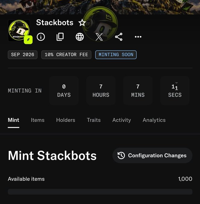 Screenshot of an NFT minting page for 'Stackbots' showing a countdown timer of 0 days, 7 hours, 7 minutes, 11 seconds until minting, with 1,000 available items and a 10% creator fee.