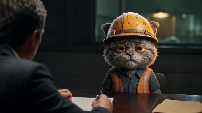 A grumpy gray cat wearing a yellow hard hat and orange safety vest sits at a desk across from a man in a suit, resembling a job interview scene.