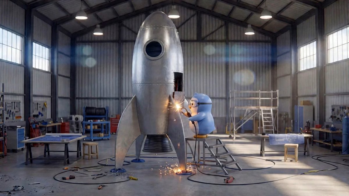 A toy penguin character wearing goggles and overalls stands on a ladder in a workshop, appearing to weld a large metal rocket ship with sparks flying.