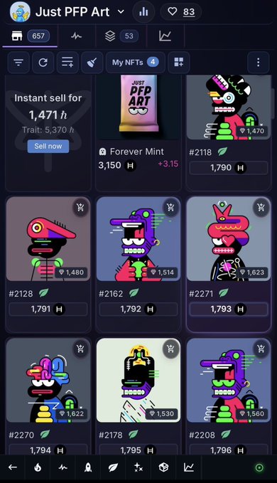 A mobile app screen showing the 'Just PFP Art' NFT collection, displaying various pixel-art character NFTs with prices in H (1,470–1,796 H) and an 'Instant sell for 1,471 h' option.
