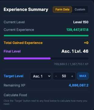 An 'Experience Summary' screen shows a character at Level 150 with 139,447,817.8 Current Experience, targeting Asc. 1 Level 50 with 4,886,087.2 Remaining XP.