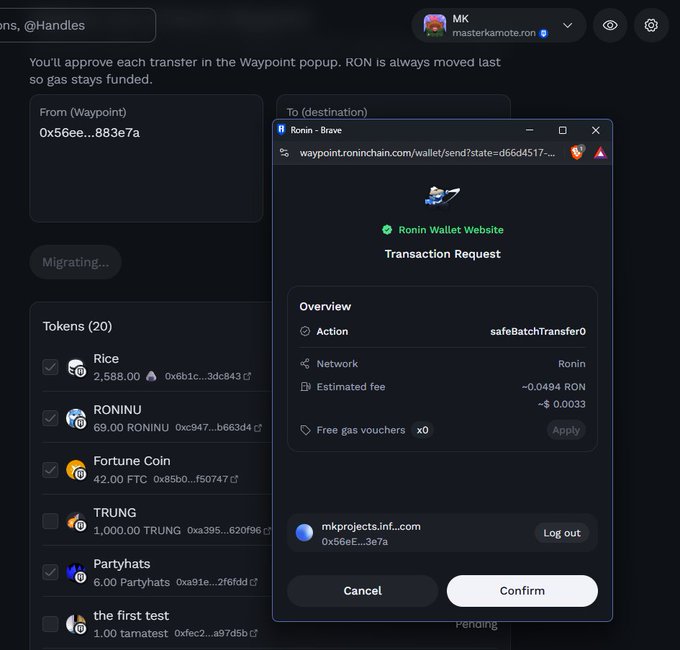 A screenshot of a crypto transaction request on the Ronin Wallet website, showing a 'safeBatchTransfer0' action on the Ronin network with an estimated fee of ~0.0494 RON, pending confirmation.