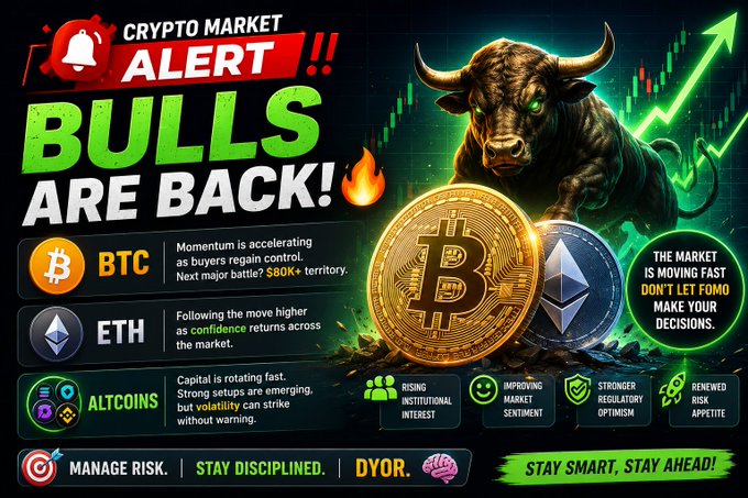 A 'CRYPTO MARKET ALERT' banner declaring 'BULLS ARE BACK!' featuring a charging bull and Bitcoin, with analysis on BTC, ETH, and altcoins and the slogan 'STAY SMART, STAY AHEAD!'