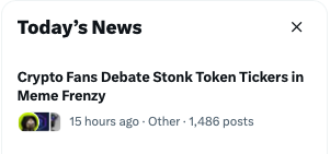 A screenshot of a news headline titled 'Today's News' reading 'Crypto Fans Debate Skonk Token Tickers in Meme Frenzy', posted 15 hours ago with 1,486 posts.