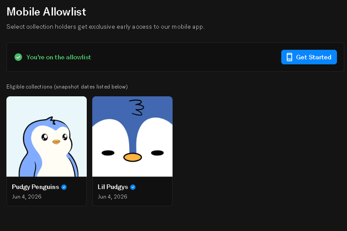 The image features a social media page for a game with multiple posts featuring different penguin characters. The main focus of the image is an advertisement promoting a mobile app named "Mobile Allowedist" and the user has been accepted into the app's premium collection, as indicated by the red checkmark on their profile. There are also two other posts displaying penguins from various sources with blue and white color schemes. This post promotes the game using an image of a blue and white penguin character.