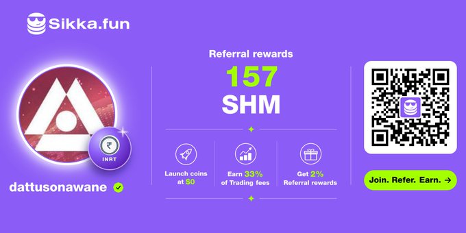 A promotional graphic for Sikka.fun displaying referral rewards of 157 SHM, featuring a profile for 'dattusonawane' and details about launch coins at $0, 33% of trading fees, and 2% referral rewards.