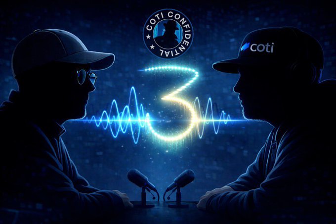 A dark, stylized podcast cover art labeled 'COTI CONFIDENTIAL' showing two silhouetted figures facing each other with microphones, with a glowing blue number '3' and sound waves between them.