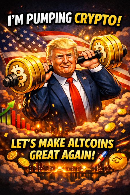 A meme poster showing a cartoon figure resembling Donald Trump lifting Bitcoin dumbbells with the text 'I'M PUMPING CRYPTO!' and 'LET'S MAKE ALTCOINS GREAT AGAIN!' against an American flag background.