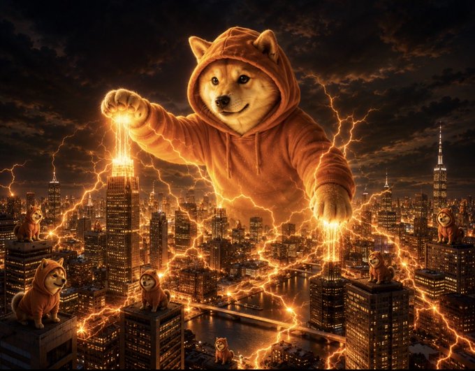 The image features a dog wearing an orange hoodie with its paws raised high above the city skyline at night. There are several other dogs in various positions throughout the scene, including one holding a lightning bolt. The caption reads "Remember, $DOG draws its power from Bitcoin." This suggests that the dogs and their actions might be related to or inspired by Bitcoin, possibly as part of an art project or social media post.