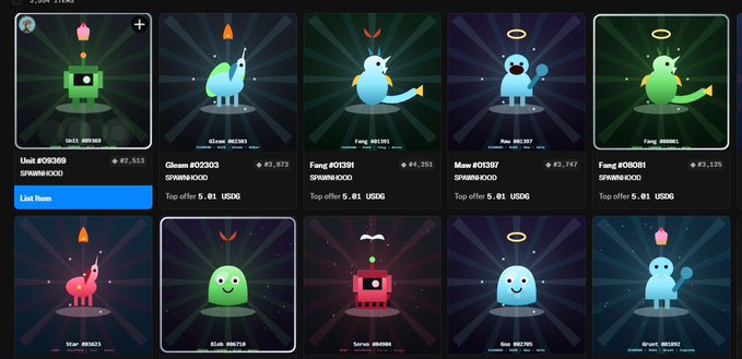 A digital marketplace interface displaying a grid of collectible NFT characters with names like "Uzi", "Gleam", and "Fang", along with prices in "USDC" and "USDCG".