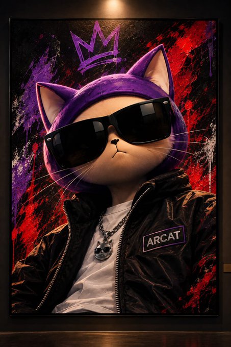 A stylized purple hooded cat wearing sunglasses and a black jacket poses as royalty, with a crown painted above it and an “ARCAT” patch on its chest. The caption’s “king on the wall” line frames the cat as the face or mascot of Arcat, while @DYORSWAPDEX references the associated post.