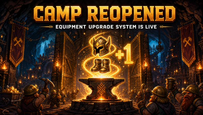 A fantasy-themed game promotional image reading 'CAMP REOPENED - EQUIPMENT UPGRADE SYSTEM IS LIVE', featuring a glowing '+1' helmet and boots on an anvil surrounded by dwarves and treasure.