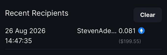 A "Recent Recipients" log shows a USDC transfer of 0.081 ($199.55) sent to StevenAde... on 26 Aug 2026 at 14:47:35, illustrating the recent transaction referenced in the congratulatory message about receiving $200.