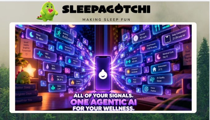 A promotional graphic for 'SLEEPAGOTCHI - MAKING SLEEP FUN' features a green mascot and the tagline 'ALL OF YOUR SIGNALS. ONE AGENTIC AI FOR YOUR WELLNESS.'