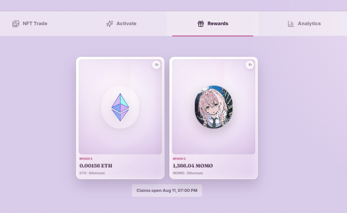 A rewards dashboard showing EPOCH 2 with 0.00156 ETH for Ethereum and EPOCH 1 with 1,566.04 MOMO tokens, with claims opening August 11 at 07:00 PM.