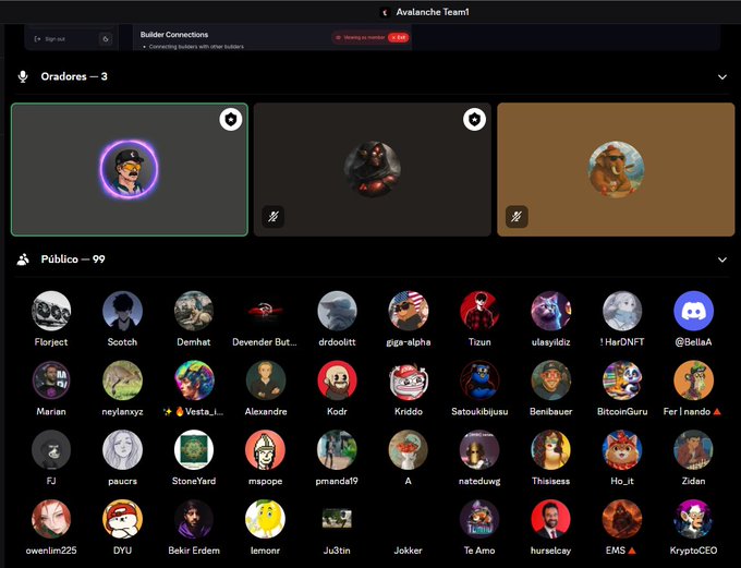 A Discord or social platform interface for the 'Avalanche Team' group, showing 3 speakers ('Oradores') and 99 public members with various avatar profiles including 'Florject', 'Scotch', and 'giga-alpha'.