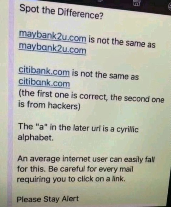 A warning notice titled 'Spot the Difference?' showing how 'maybank2u.com' and 'citibank.com' can be spoofed using Cyrillic alphabet characters, advising internet users to stay alert against phishing emails.