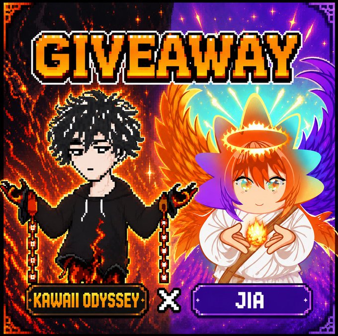 The image features a poster for a giveaway, with two cartoon characters representing a boy and an angel. The boy has black hair and is holding a chain, while the angel has red hair and is wearing a white dress. The poster includes text that reads "GIVEAWAY" in yellow letters at the top, and "JA'I" written below it. The poster also mentions that the giveaway is for Kawaii Odyssey X, which is a video game series created by Kawaii Odyssey.