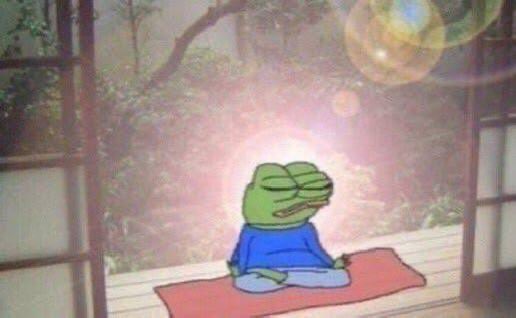 A serene Pepe the Frog meme sits cross-legged on a meditation mat, eyes closed with a glowing aura and radiant light behind him, achieving a state of zen-like inner peace.

The image perfectly captures the post's message—Pepe embodies embracing volatility by sitting calmly at the eye of a radiant storm, symbolizing finding inner stillness and acceptance amid market chaos.
