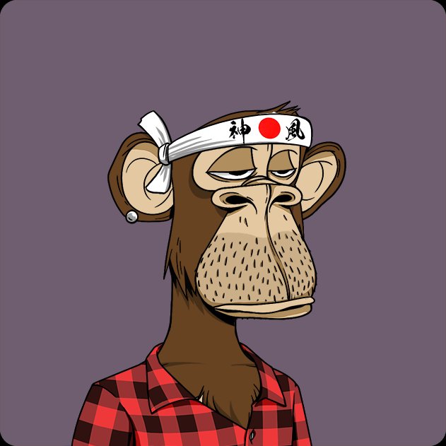 A cartoon illustration of a bored-looking monkey wearing a white headband with Japanese characters '神風' and a red circle, dressed in a red and black plaid shirt.