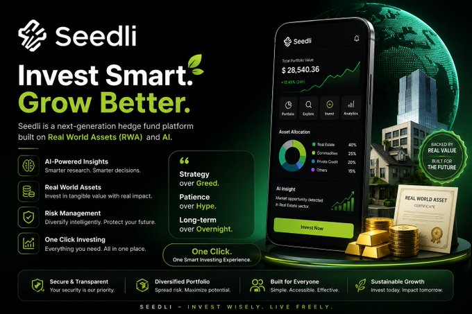 A promotional graphic for "Seedli" advertising a hedge fund platform with the slogans "Invest Smart. Grow Better." and showing a mobile app interface displaying a portfolio value of $28,540.36.