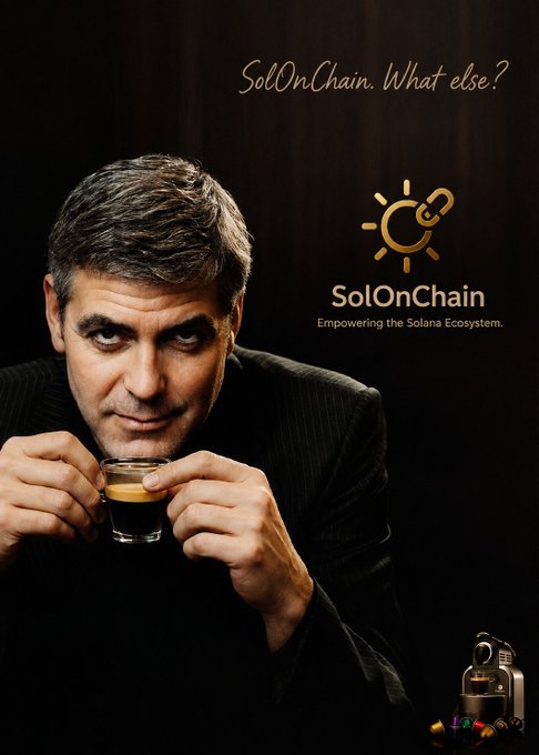 Promotional graphic featuring a man in a black pinstripe suit holding a shot of espresso, with the tagline 'SolOnChain. What else?' and logo text 'SolOnChain - Empowering the Solana Ecosystem.'