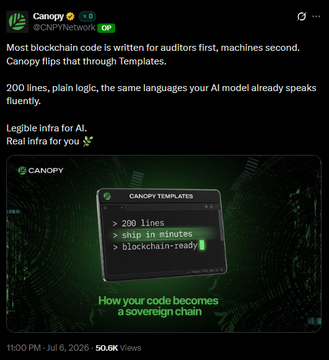 A Twitter/X post from Canopy (@CNPYNetwork) discusses blockchain code templates, with text about 'Most blockchain code is written for auditors first, machines second' and 'How your code becomes a sovereign chain.'
