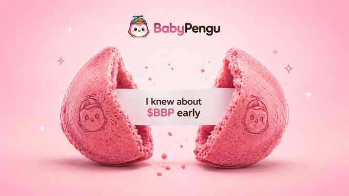 The image features a pink cookie with a hole in it, which has been cut open by a knife. The cookie appears to be made of sugar or candy dough. The text "babypengu.meme $BBP #BabyPengu" is written on the cookie, and there are two other cookies placed next to it. The image also includes a caption that reads: "I know about $BBP early".