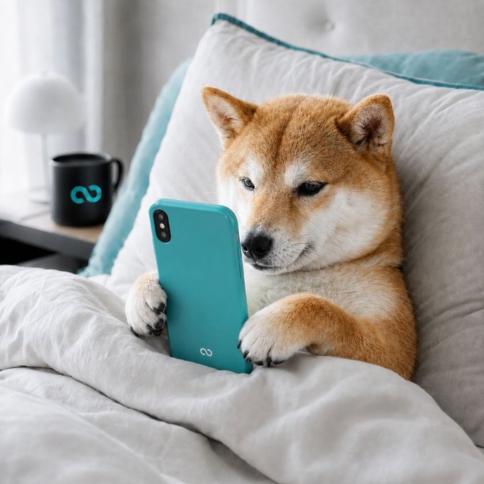 A Shiba Inu dog lies in bed holding a teal smartphone, with a matching teal coffee mug featuring an infinity logo on the bedside table.