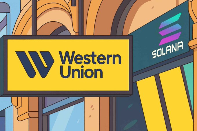 A cartoon-style illustration shows a bright yellow "Western Union" sign mounted next to a teal "SOLANA" logo with its gradient emblem, visually representing the partnership. The image complements the announcement of Western Union's new Solana-based Stablecard, highlighting the integration of the traditional remittance giant with the blockchain platform.