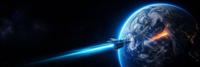 A sleek spacecraft streaks through space leaving a vibrant blue trail behind it as it travels past Earth, where city lights glow on the night side. The dynamic, cosmic scene captures a sense of explosive momentum, fitting for the energetic branding of Solana token $PLBOOM.